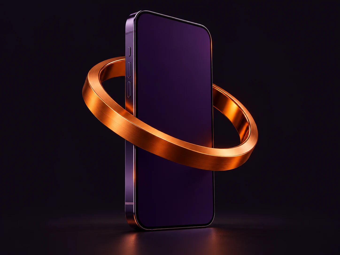 Escultura conceitual de smartphone com metal roxo e anel laranja